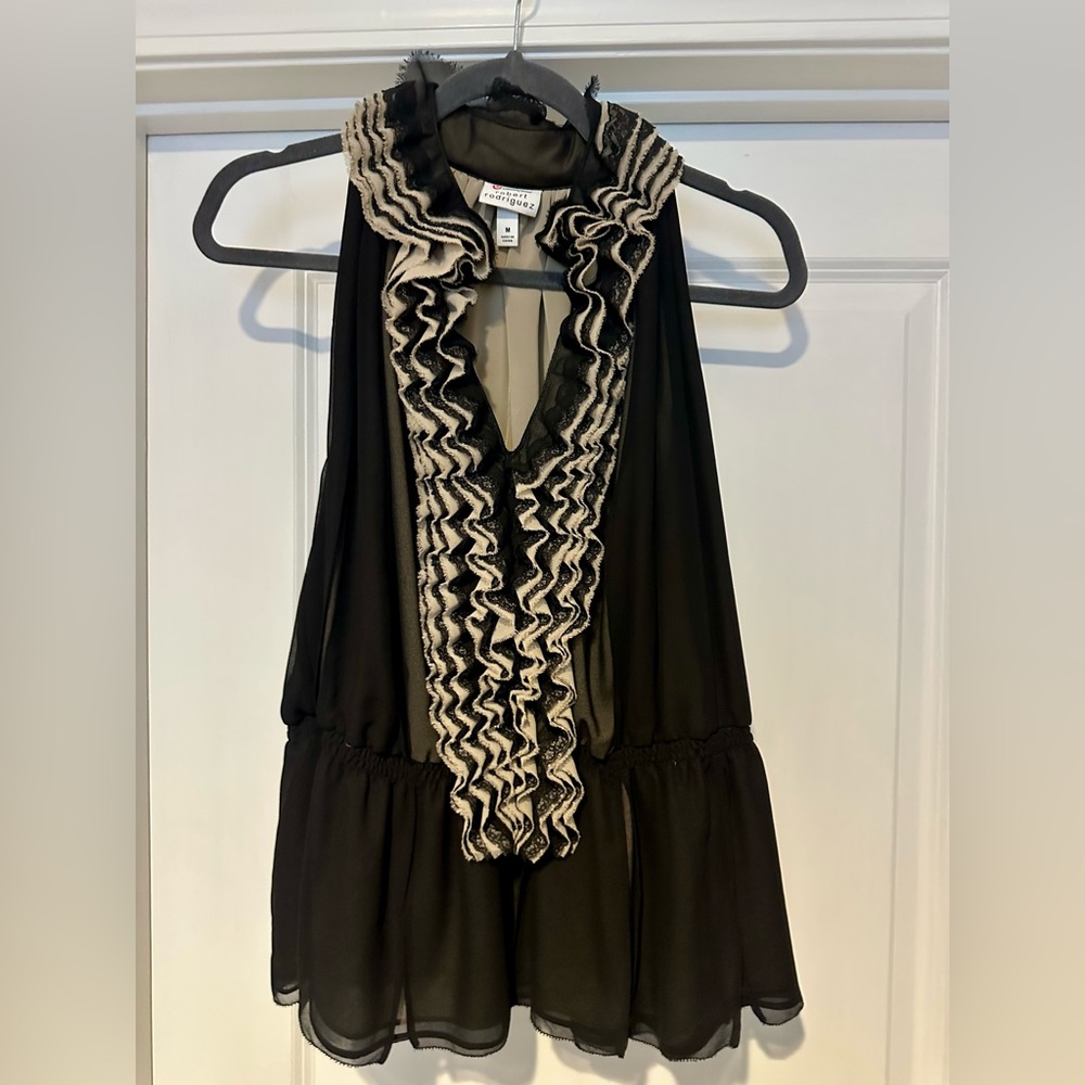 Robert Rodriguez Black and Cream Ruffled Blouse